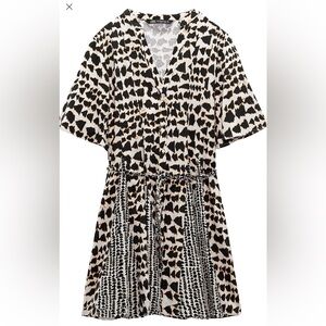 Zara Black White and Tan Animal Print Shirt Dress